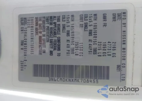 2021 Nissan Nv200 Cargo Sv Xtronic Cvt z USA, uszkodzony, nr VIN 3N6CM0KNXMK708455